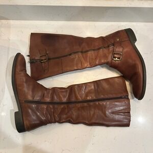 ALDO‎ Women Brown Leather Knee High Boots Buckle Zip Side Moto Biker Size 40